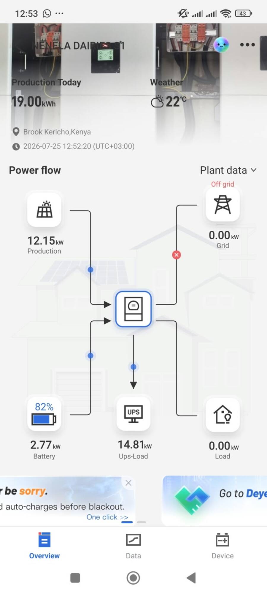Solar monitoring app showing energy production on a phone