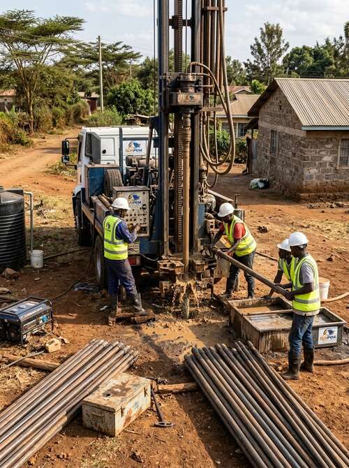 Solar-powered borehole pump installation in rural Kajiado